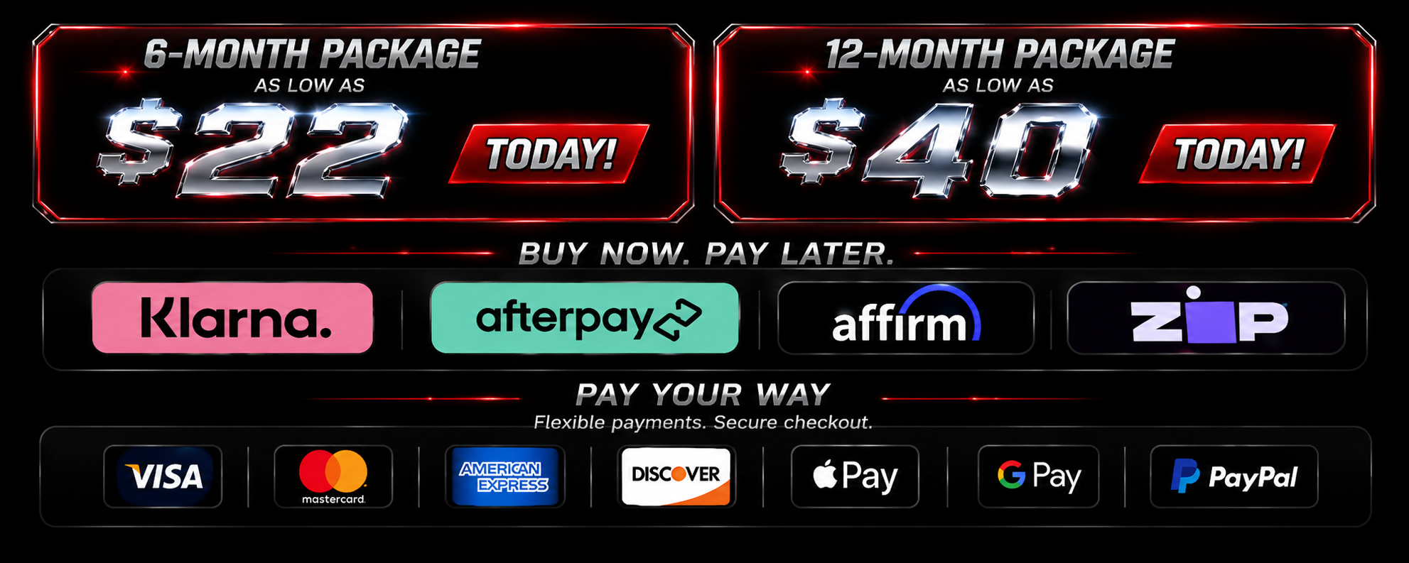 Buy now pay later with Klarna, Afterpay, Affirm and Zip; Visa, Mastercard, Amex, Discover, Apple Pay, Google Pay and PayPal accepted