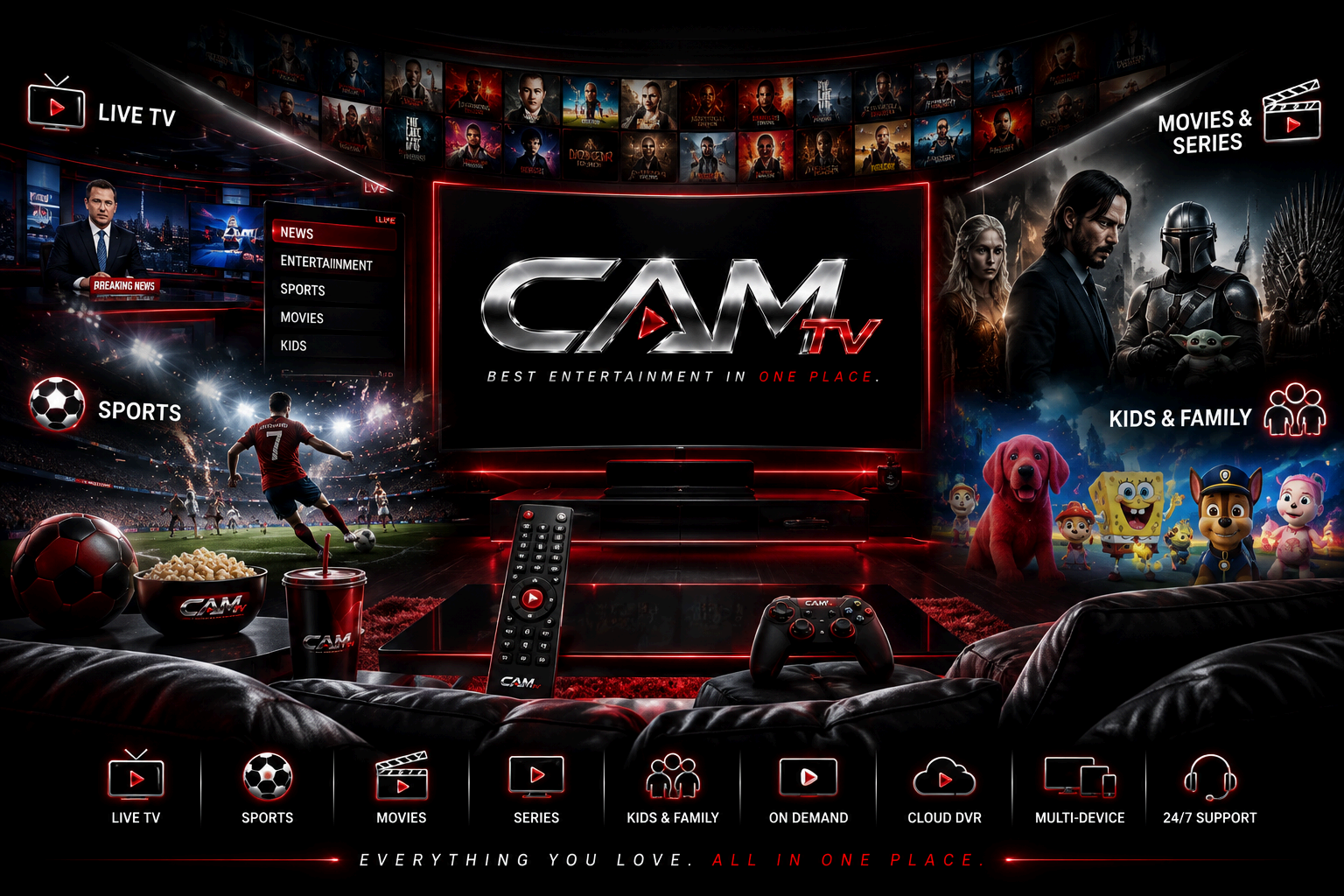 CAM TV entertainment universe featuring live TV, sports, movies, series and kids content